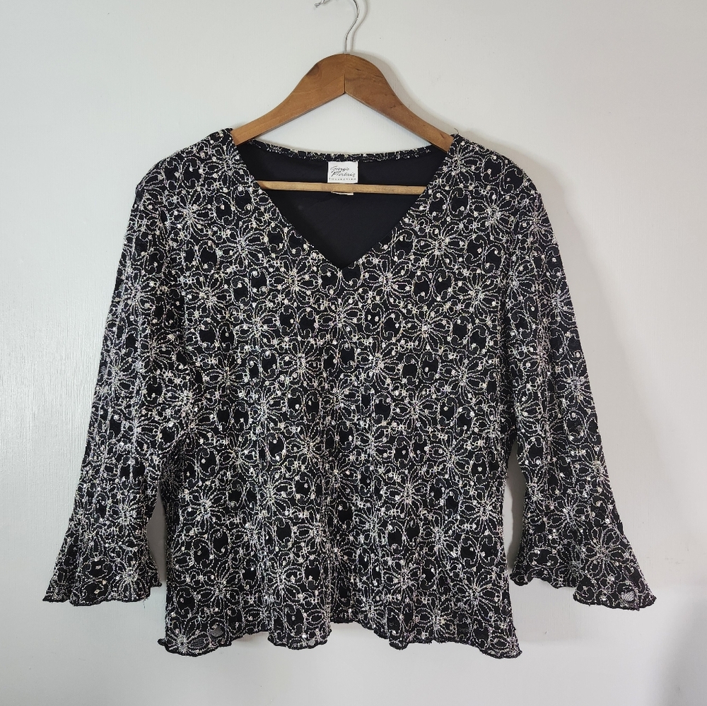 Vintage Minimalist Sequin Embroidered Flowy Sleeve V Neck Top